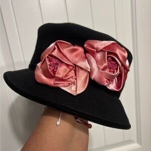 Vintage Elegant Black Wool Bucket Hat with Pink Satin Flowers/Stevie Nicks vibe